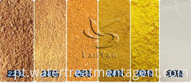 Pó amarelo ou marrom personalizado do coagulante industrial satisfeito dos produtos químicos do tratamento da água 24-28% 0